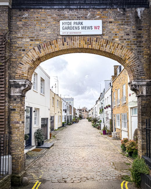 A narrow Stoke Newington mews features a row of terraced brick houses with variously colored doors and window frames, including dark gray and blue. In front of the houses, there is a small urban garde